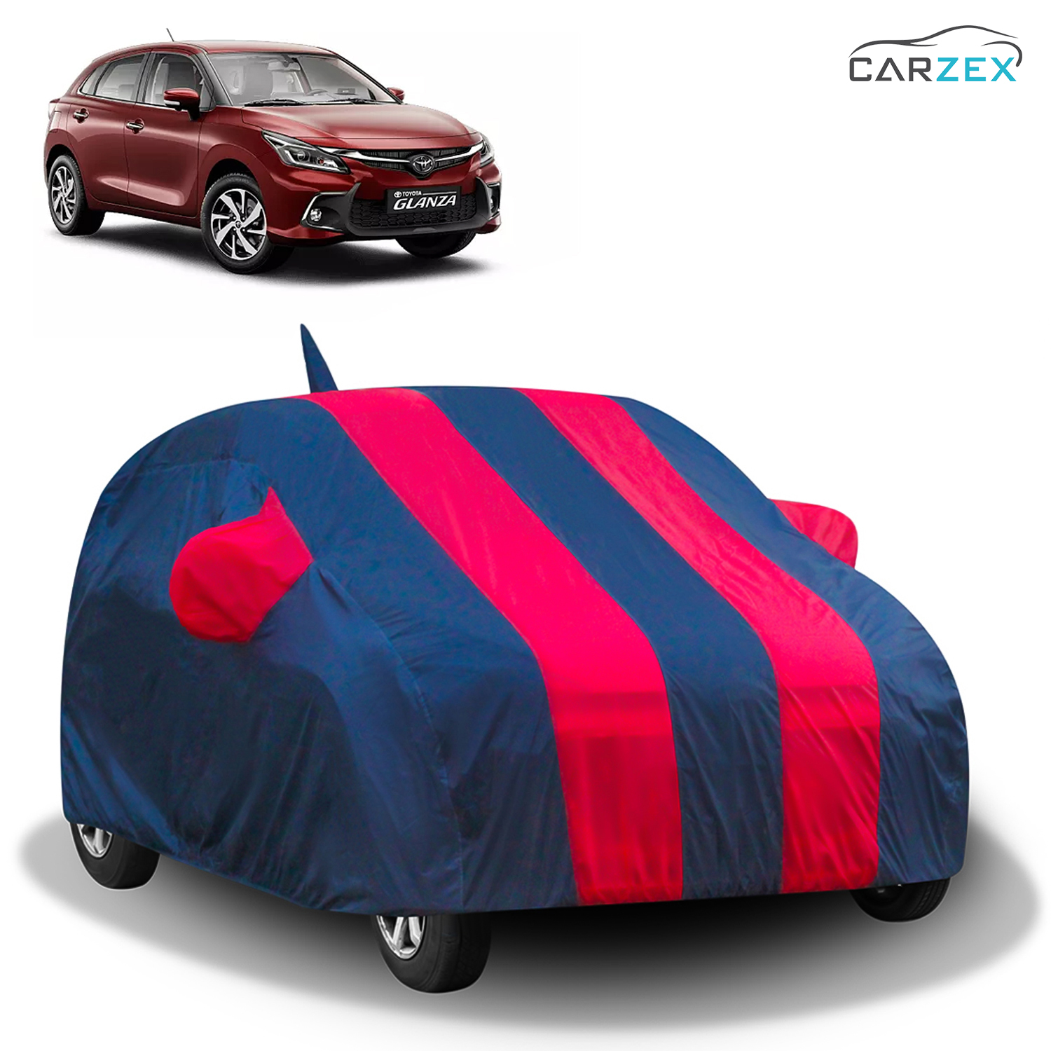 Carzex Stylish Red & Blue Stripes Car Body Cover with Mirror & Antenna Pockets for Toyota Glanza Old